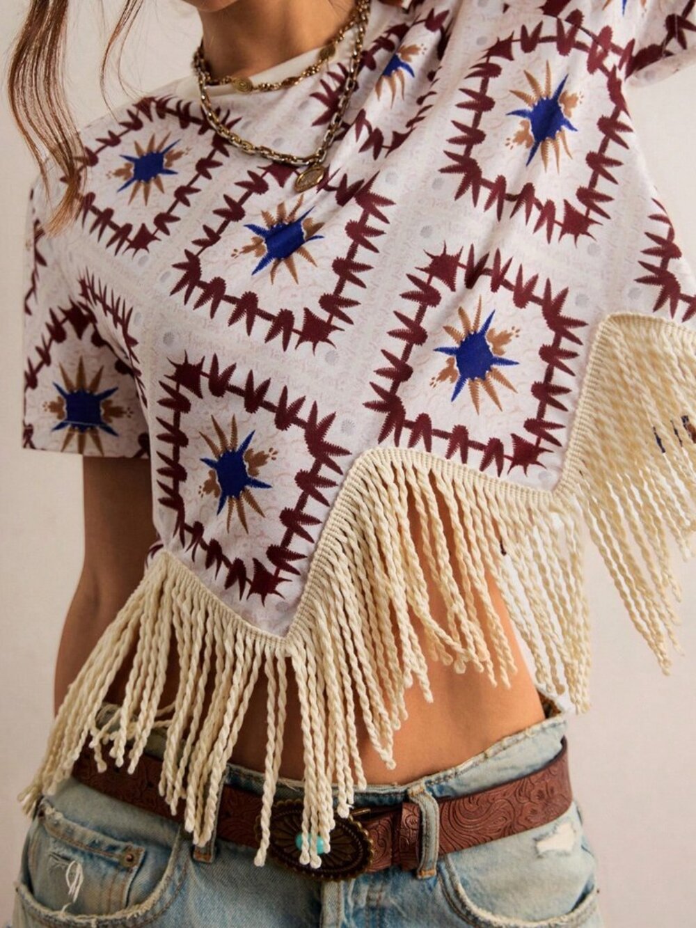 Multicolor Casual Women's Boho Geometric Print Fringe Short Sleeve Tee Top - Picture 5 of 5